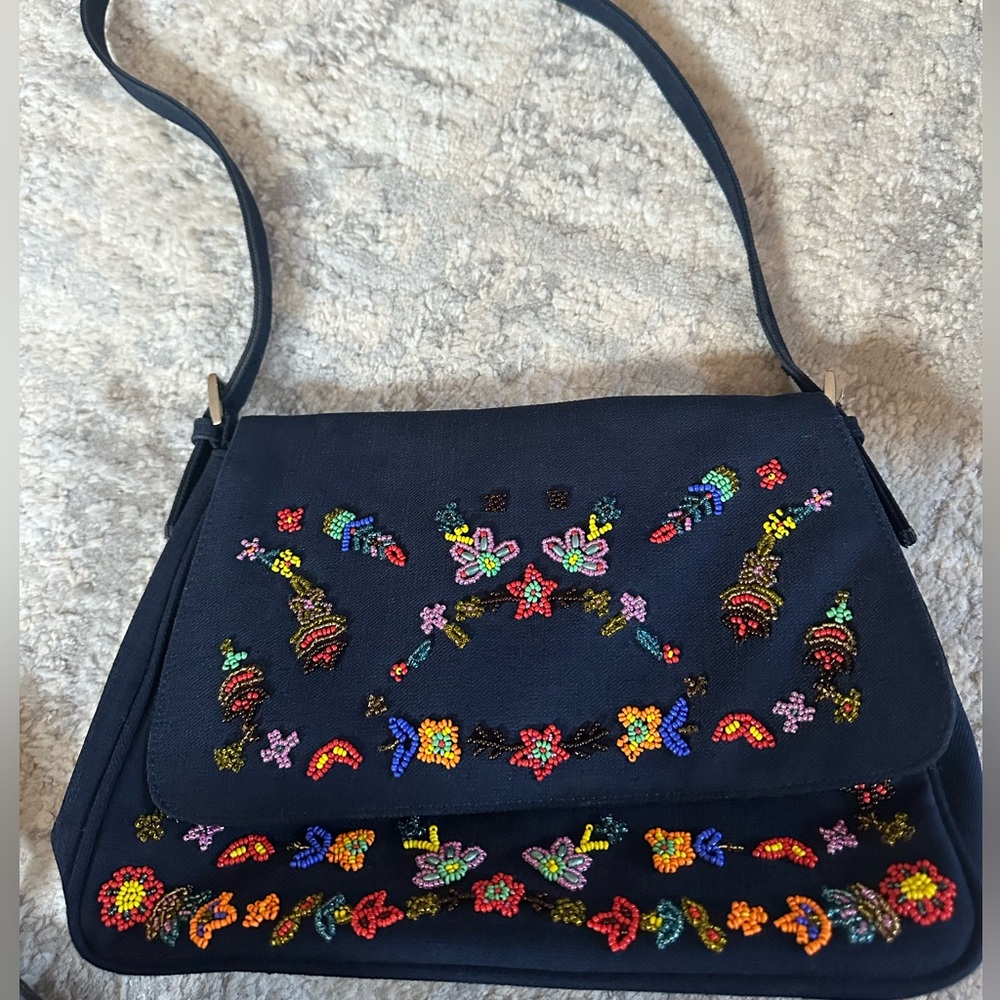 Embroidered Navy Shoulder Bag